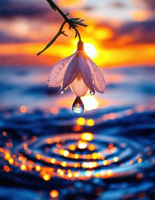 The primary subject of the image is a single flower, which is hanging from a stem and dropping water droplets. The setting is a body of water, possibly a lake or a pond, with a sunset in the background. The visual style is a photo, capturing the beauty of the flower and its surroundings. The colors and mood of the image are serene and peaceful, with the warm hues of the sunset creating a calming atmosphere.